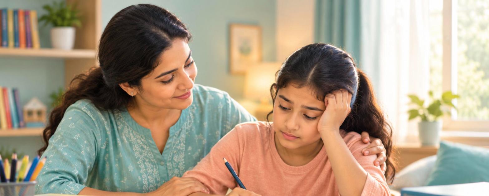 Mother gently comforting a stressed school-age child studying at a desk during exam season
